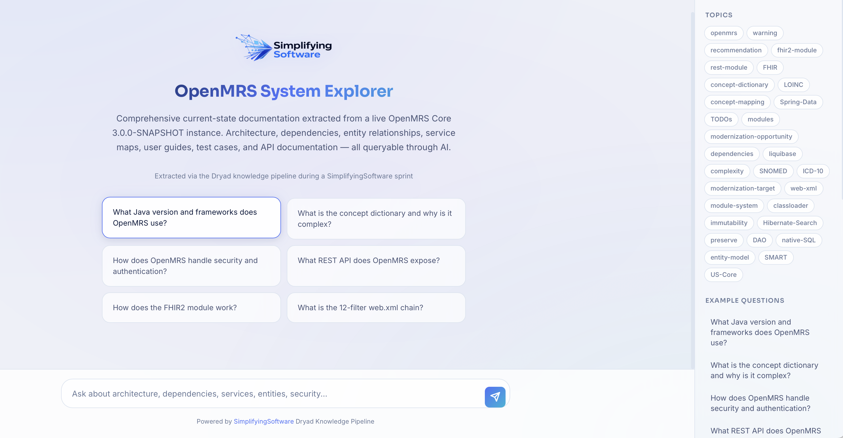 Live OpenMRS System Explorer — knowledge base powered by SimplifyingSoftware